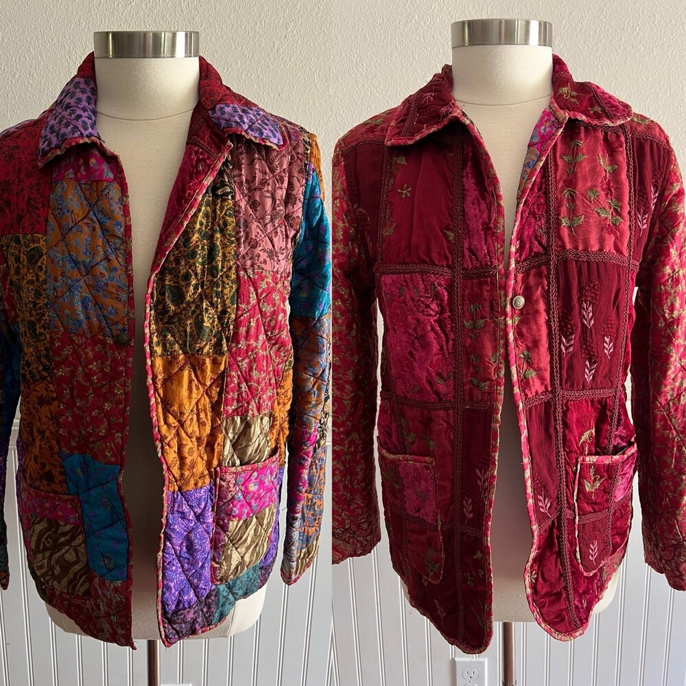 Coldwater Creek Reversible Jacket Quilted Patchwork Silk Blend Jacket XS - Flaws